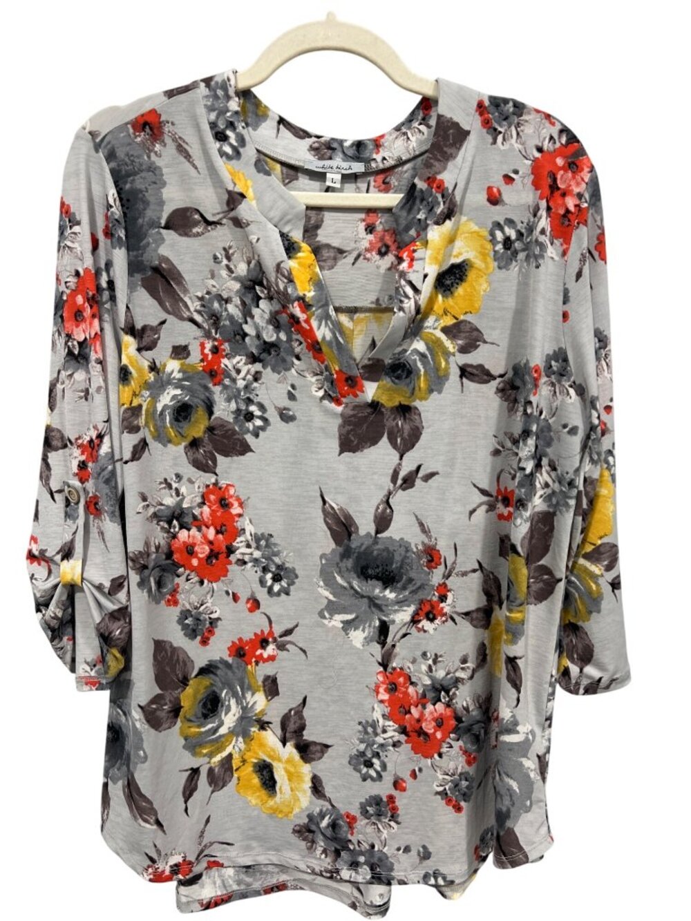 White Birch Shirt Large Floral V-Neck Pullover 3/4 Sleeve Gray Boho Botanical